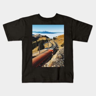 Cogwheel Train on Mount Rigi With Alpine Range in Background Kids T-Shirt